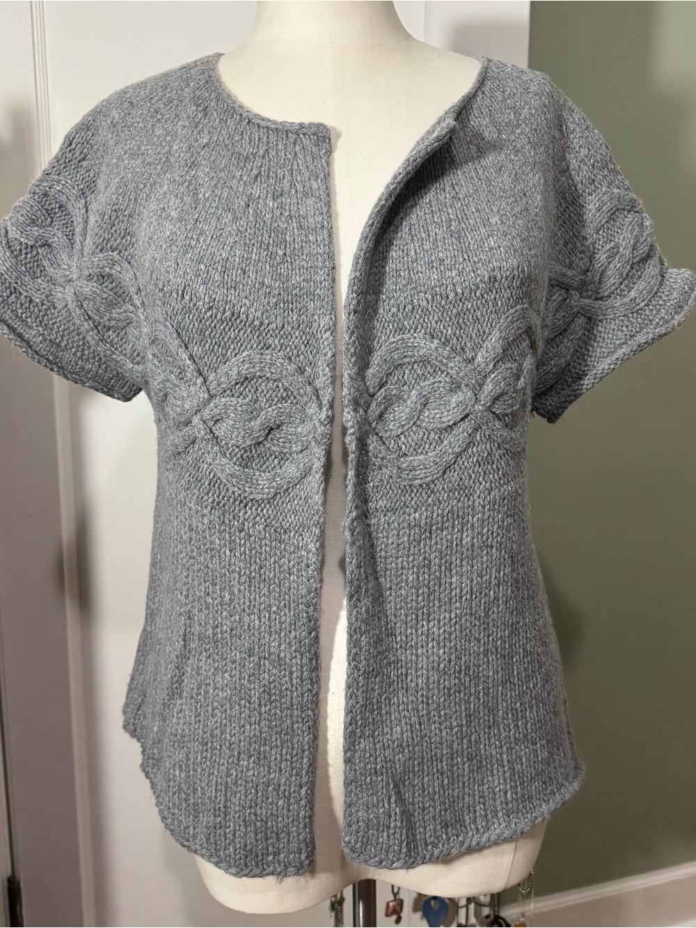 Soft Grey Brand Short-Sleeve Cable Knit Open Cardigan